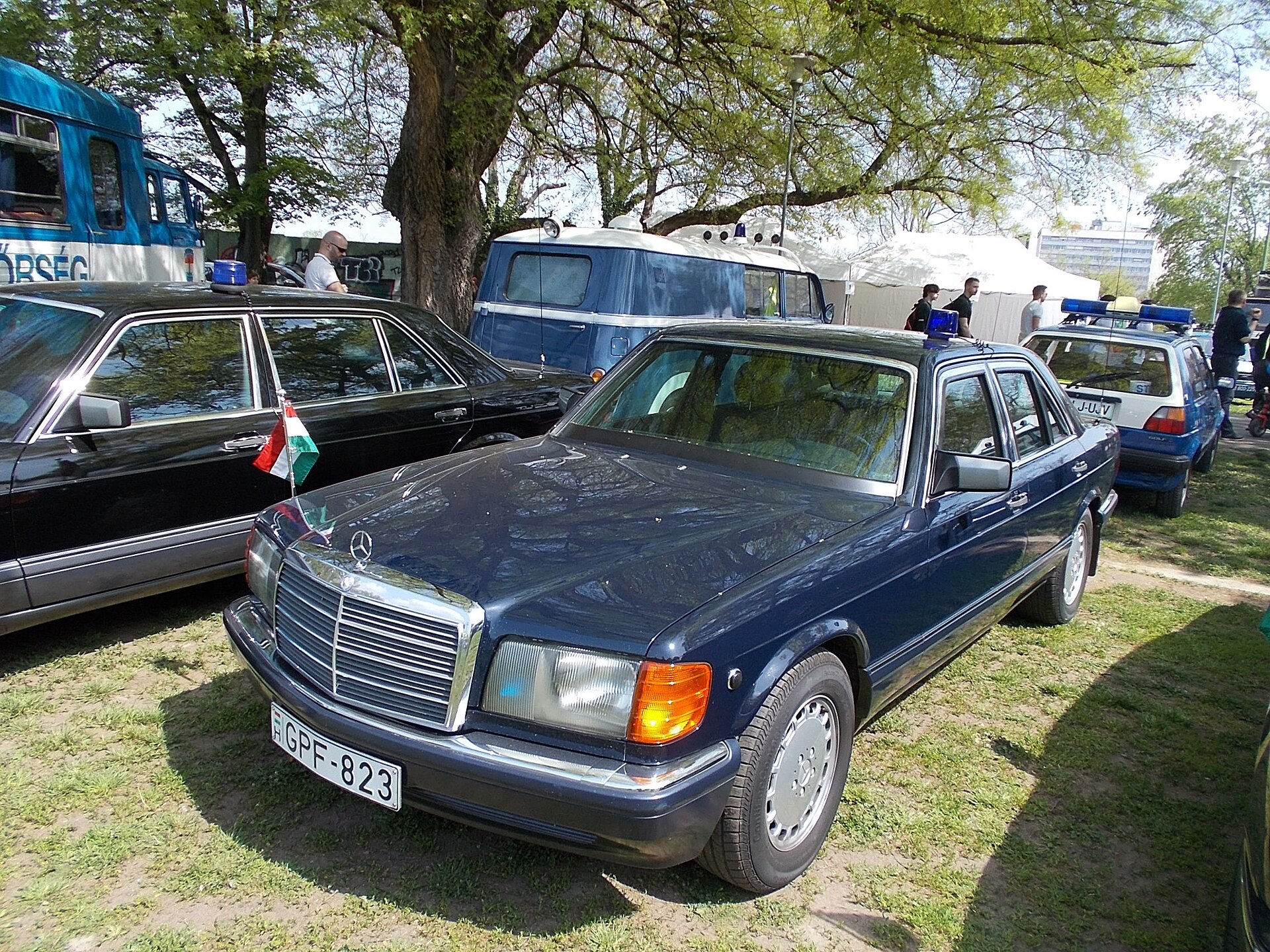 Mercedes-Benz E former police/government automobile. 300 SE (W126) Former Republican Guard Regiment vehicle. 10th National Police and Firefighter/Firefighting? Day in Budapest. Police exhibition area 